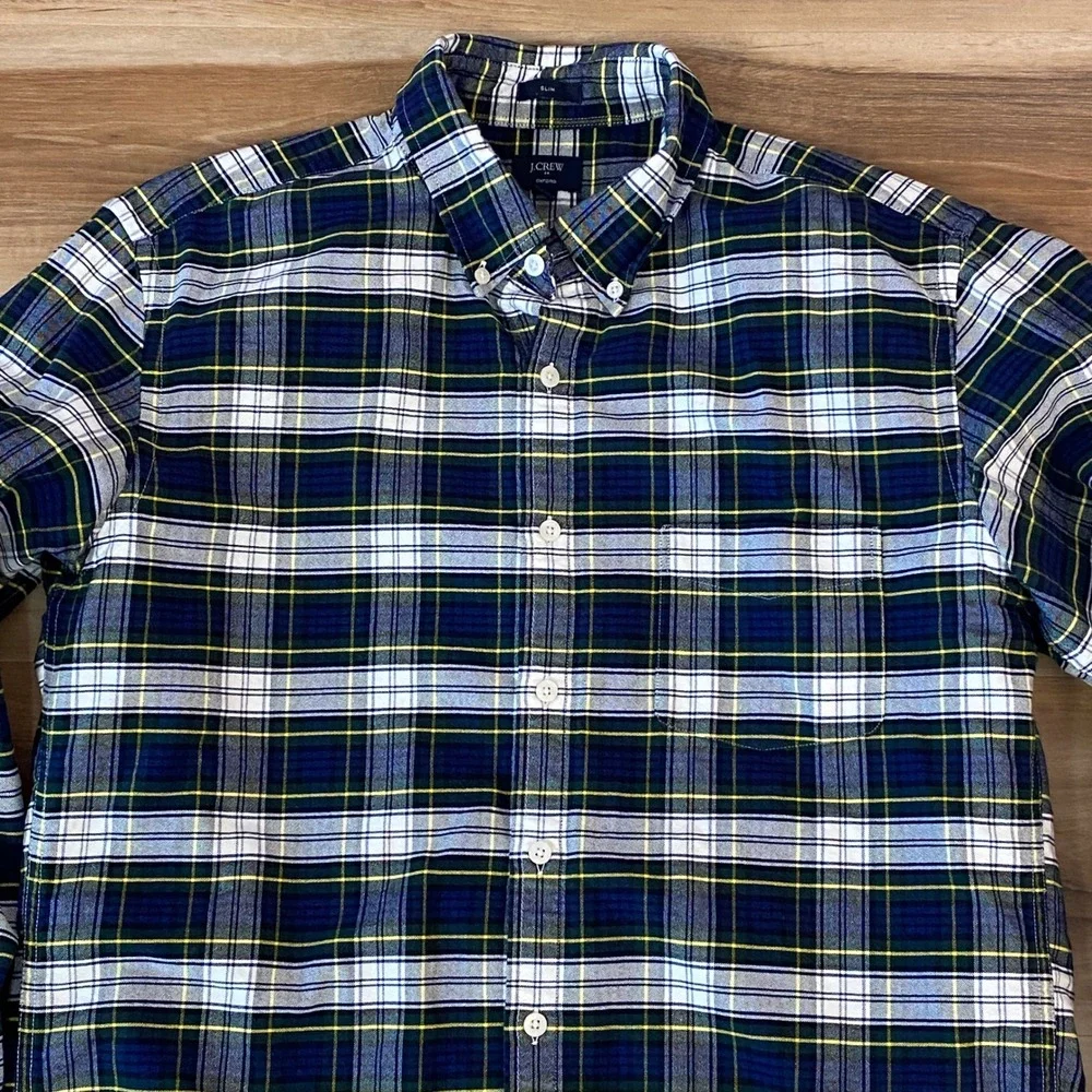 J. Crew Slim Oxford Shirt Mens Large Tartan Plaid Blue Green Yellow Button Down